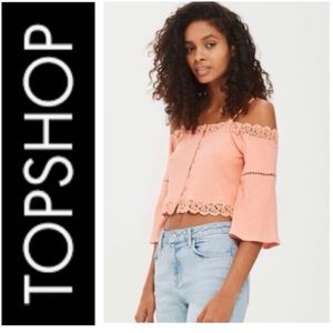 🍇 TOPSHOP Coral Crochet Cold Shoulder Top NWT 8